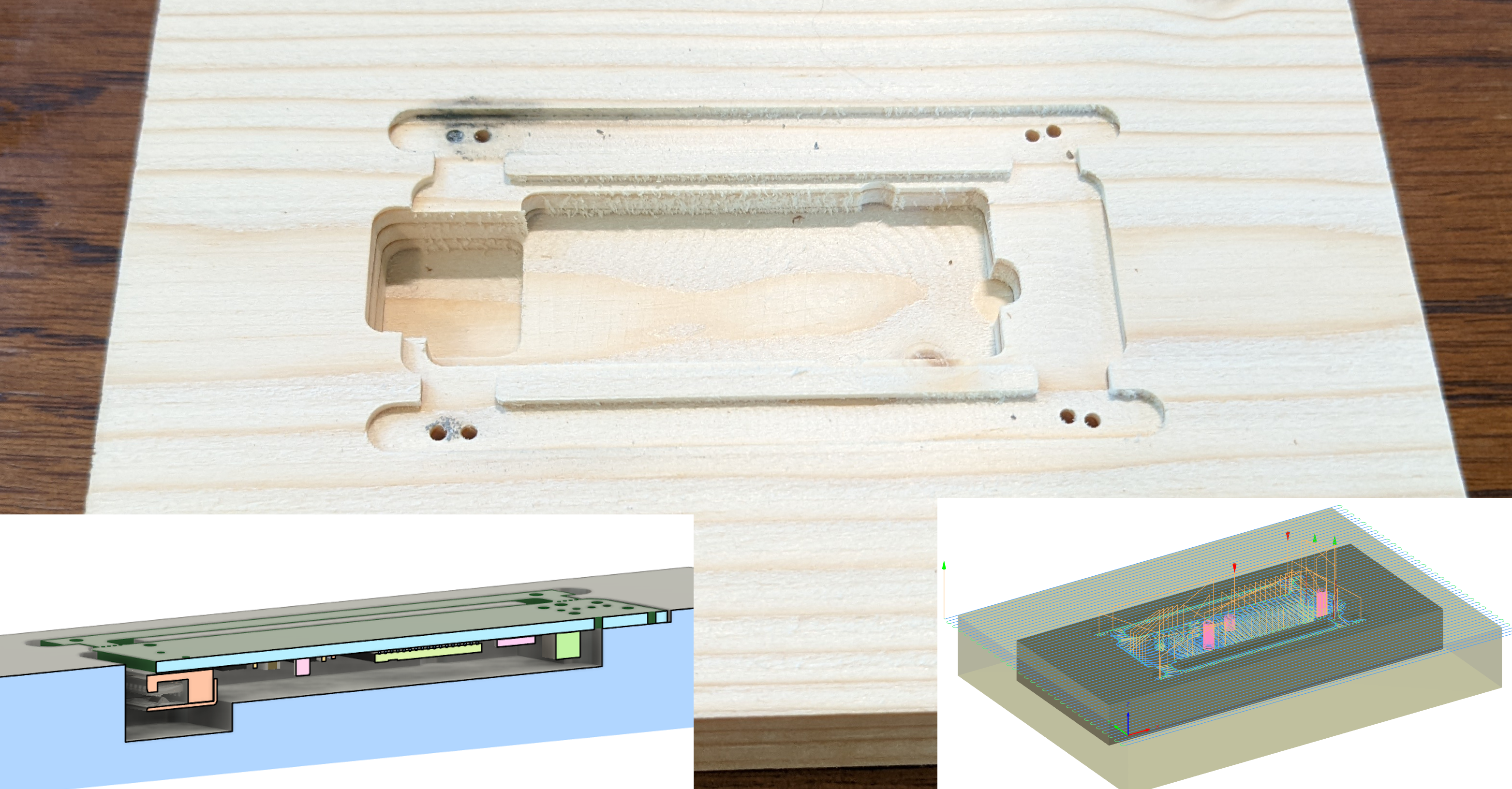 Top: Stencil alignment fixture, milled from a block of pine. It has a recess for the board, cavities for components, and alignment holes. Inset left: Stencil alignment cross section in CAD program, showing the board (w/ top side components already assembled) sitting flush with the surface of the stencil fixture. Inset right: Screenshot of toolpaths from CAM program.