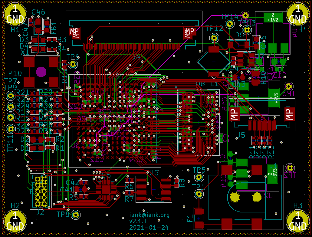 A screenshot of KiCAD showing the PCB layout. The top and bottom layers are visible, along with the silkscreens and some other borders/layout markings.