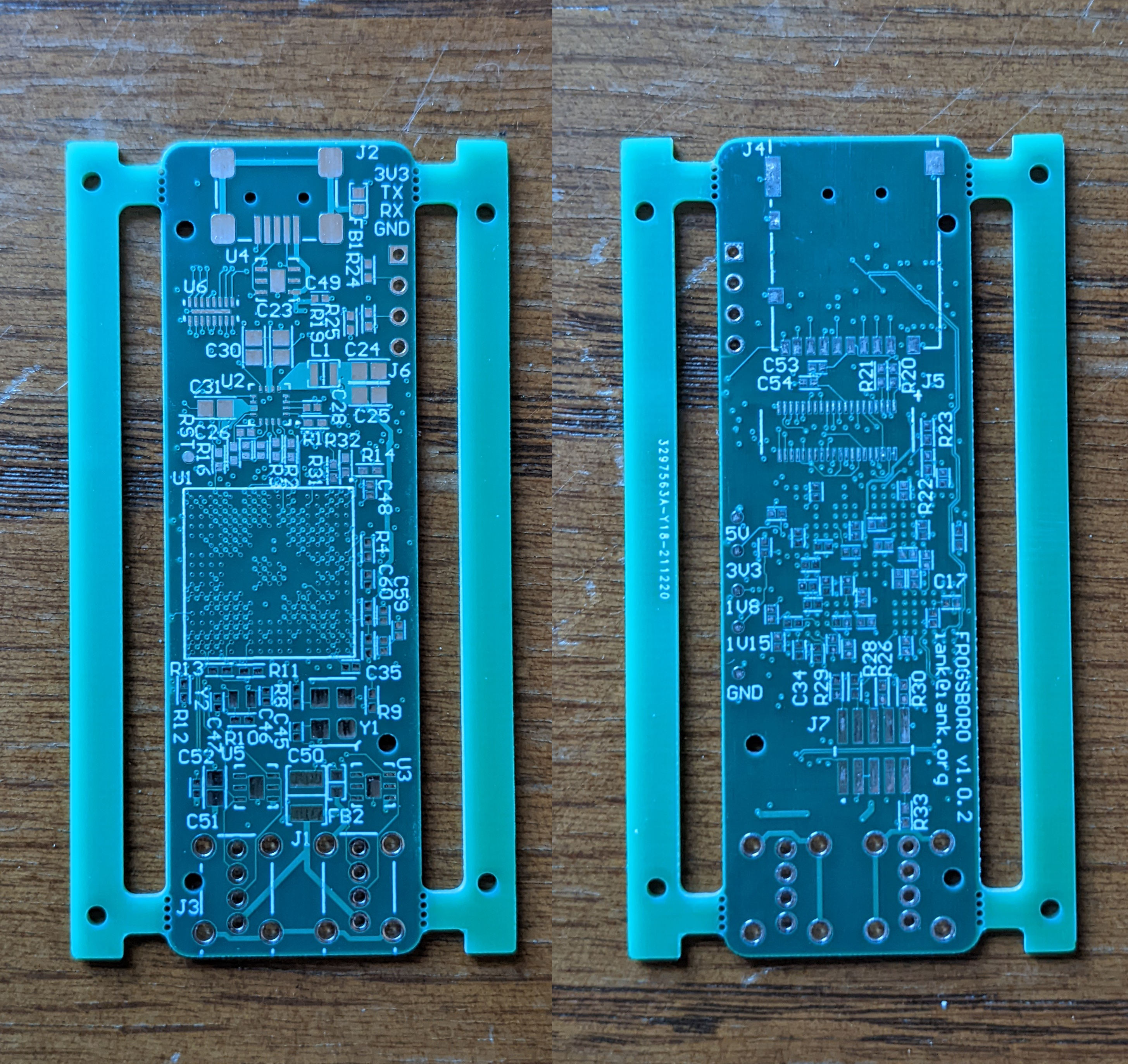 Two blank PCBs side-by-side. The PCBs have rails on either side that are attached by thin tabs. The tabs have mouse bites drilled into them and can be broken away.
