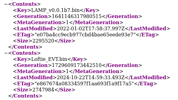 Partial screenshot of an S3 bucket listing showing firmware image files