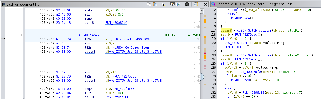 Ghidra screenshot showing IOTGW_Json2State. A line containing the key “otaURL” is highlighted